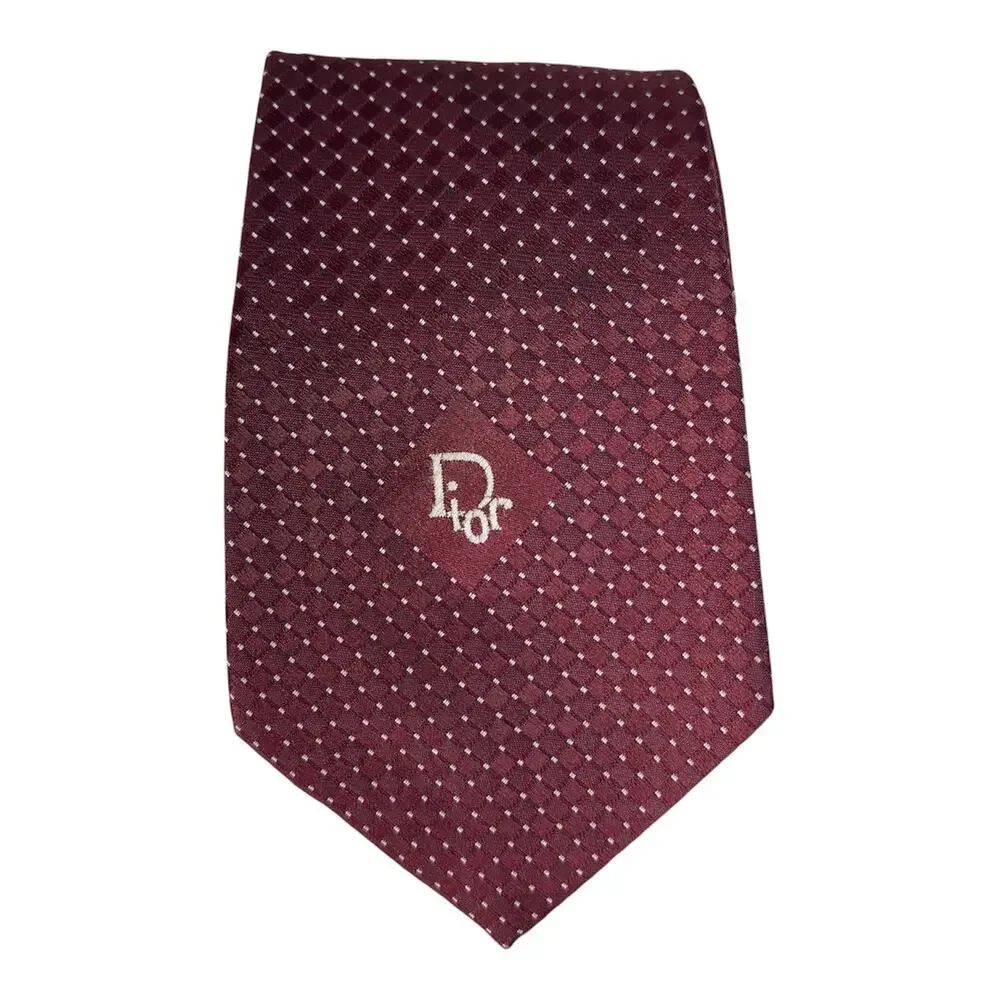 CHRISTIAN DIOR MENS NECKTIE BURGUNDY DOT PATTERN JACQUARD WEAVE “DIOR” LOGO - Picture 2 of 5